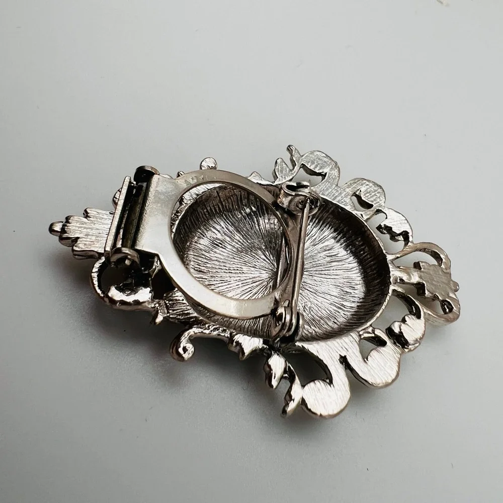 Vintage Ornate Scroll Brooch Scarf Clip Dual Purpose Silver Tone Victorian Style